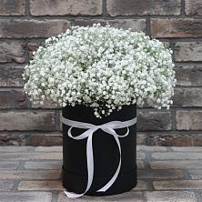 Цветочная композиция из Гипсофила в шляпной коробке в Дубне Чеховского района