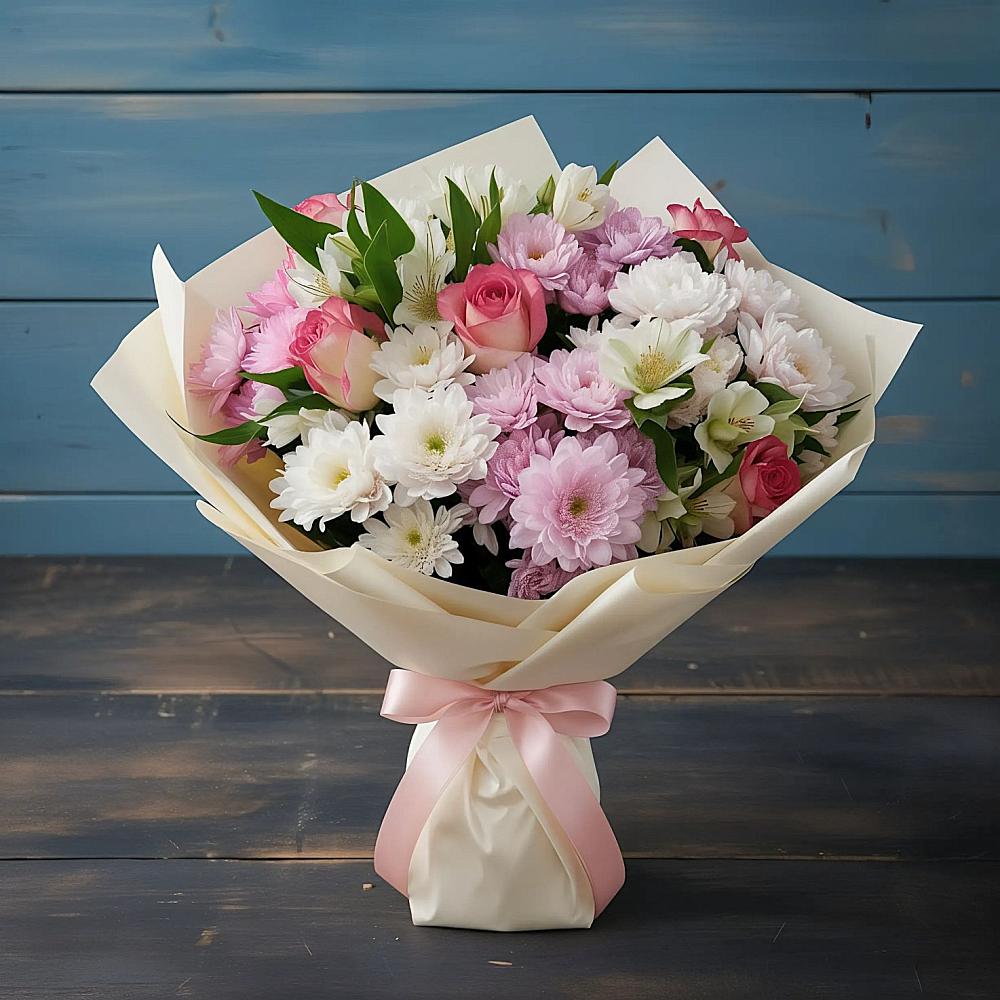 Букет цветов из: Хризантемы, Альстромерии и Розы в Дубне Чеховского района